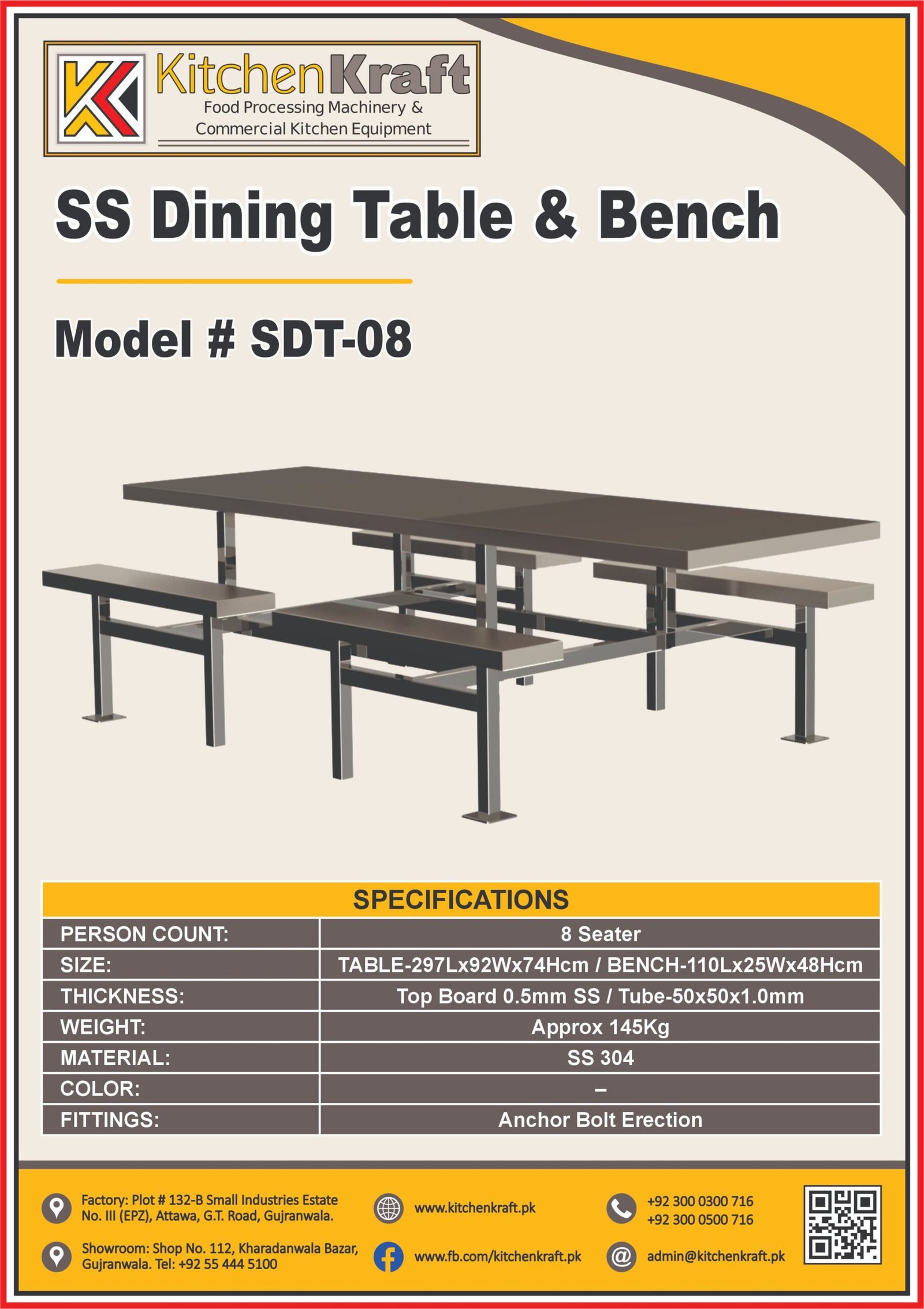 Stainless Steel Dining Table and Bench – 8 Seater SDT-08
